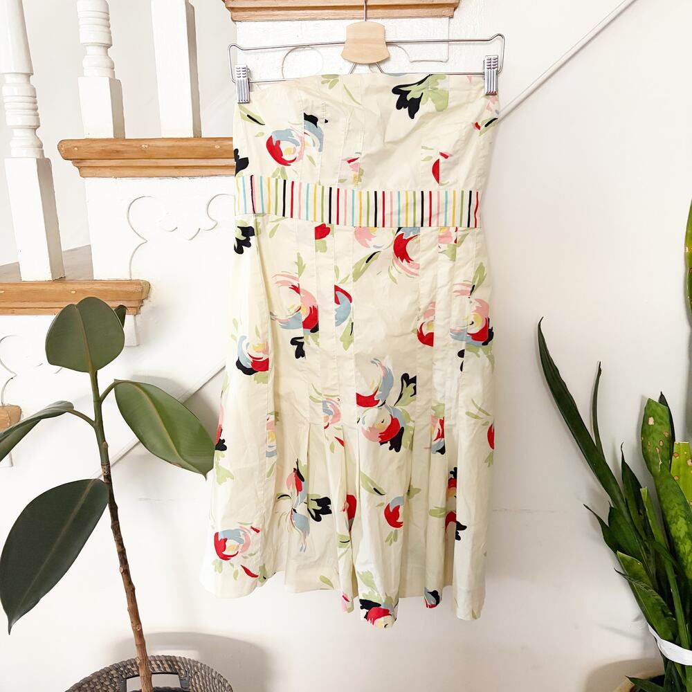 Anthropologie Odille Women's Ivory Floral Striped Smocked Dress Size M